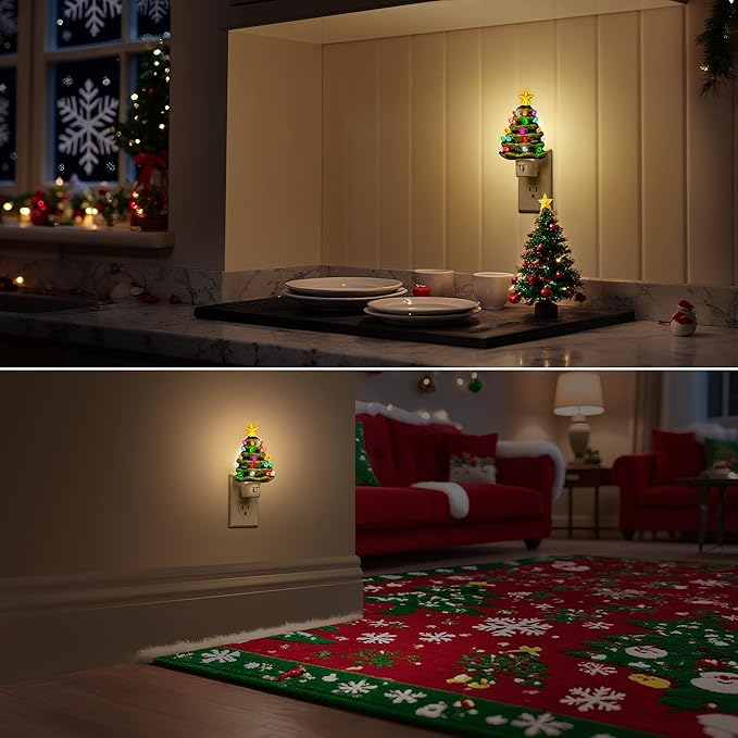DORESshop Ceramic Christmas Tree Night Light, 3000K Night Lights Plug into Wall, Cute & Funny Christmas Decor Night Light for Kids, Plug in Nightlight with 360° Rotatable, Holiday Party Decor, 2 Pack