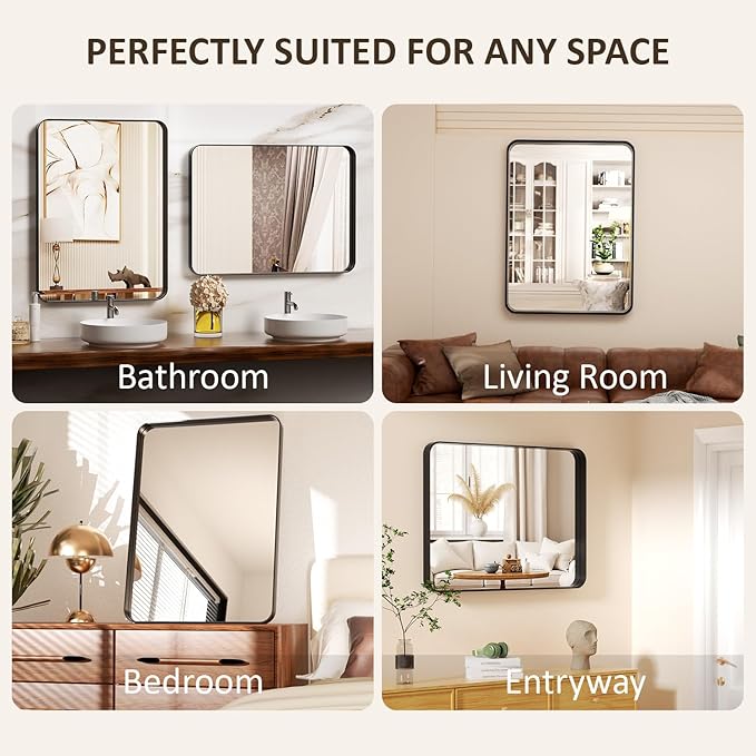 48×36 Rectangular Bathroom Mirrors for Over Sink - Aluminum Black Frame Mirror for Wall with Tempered Glass & Rounded Corners for Restroom, Entryway, Vanity, Horizontal/Vertical