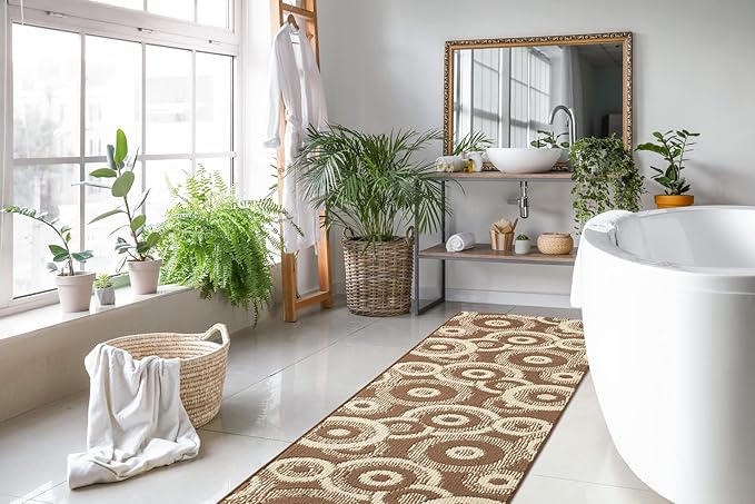 Custom Length Cut to Size Modern Farmhouse Carpet Runner Rug for Hallways, Non Slip Rubber Backed, 31 inch Wide X Customized Length, Geo Brown, 31 inch X 17 feet