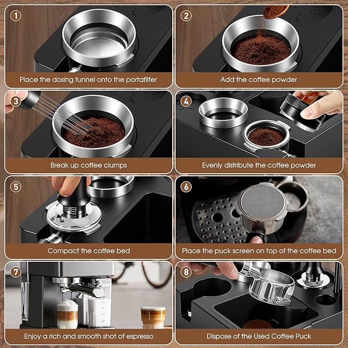 Reoszeank 51mm Espresso Accessories Kit, Espresso Knock Box and Tamping Station, Coffee Tamper, Distributor, WDT Distribution Tool, Dosing Funnel and Puck Screen Set Fits Delonghi 51 mm Portafilter