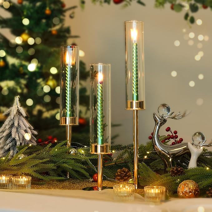 Hurricane Candle Holders Set of 3 Metal Candlestick Holder for Glass Taper Tall Candle Holders with Crystal Chimney Tube Candles Stands for Home Decor, Christmas, Dinning (3, Gold)