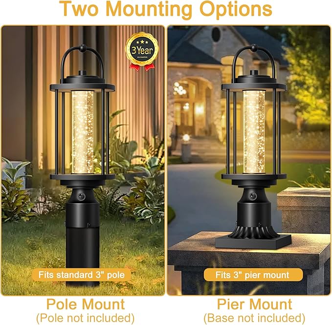 Dusk to Dawn Outdoor Post Lights, LED Waterproof Lamp Post Light Fixture with Crystal Glass, Aluminum Lamp Posts Outdoor Lighting Pole Lantern for Outside Yard Patio Pathway Garden, Hard Wired