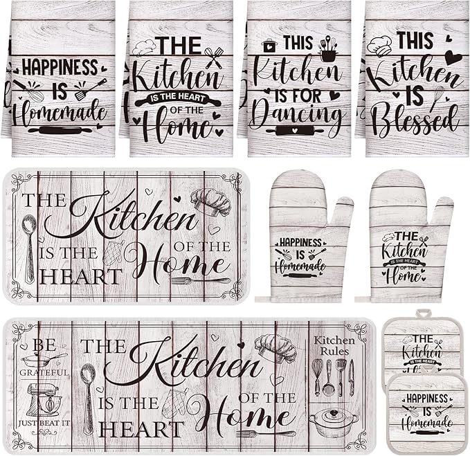 Fourluoo 10 Pcs Farmhouse Kitchen Decor and Accessories Set 4 Kitchen Towels 2 Pot Holders 2 Oven Mitts 2 Rugs for Cooking Baking Mom Housewarming Gifts (Unadorned Color,Stitched Wood Grain)