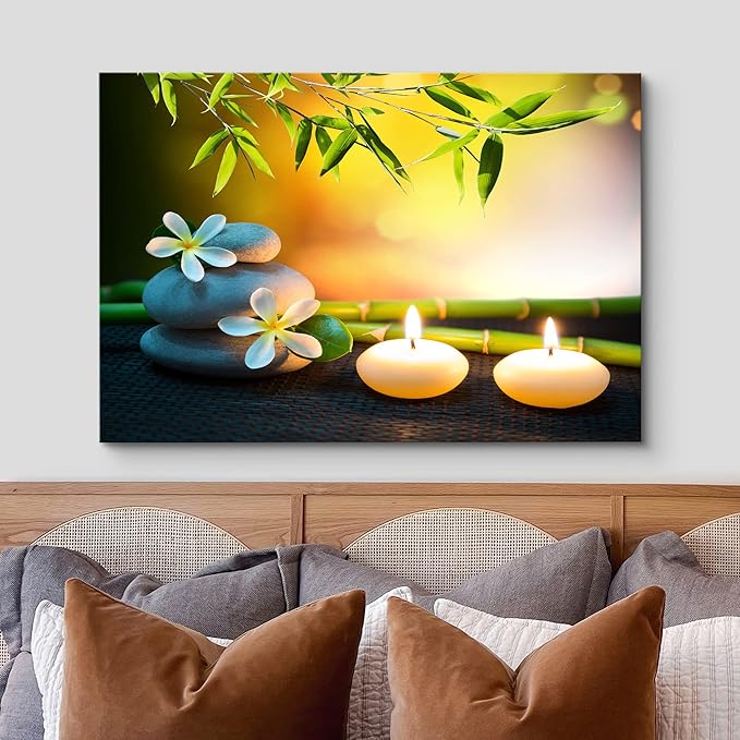 wall26 Canvas Print Wall Art White Daisy Relaxation Massage Stone Candles Nature Wilderness Photography Realism Rustic Landscape Colorful Multicolor for Living Room, Bedroom, Bathroom - 24"x36"