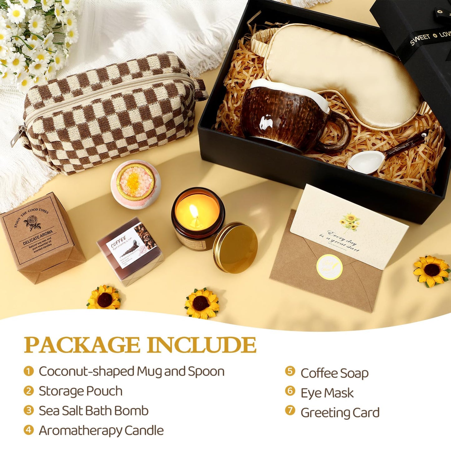 Golray Spa Gift Set for Women, Brown Relaxing Bath Gift with Coconut Mug & Coffee Soap, Women Care Package Get Well Soon Gift, Unique Mothers Day Gifts Idea for Mom Her Friends Sister Wife