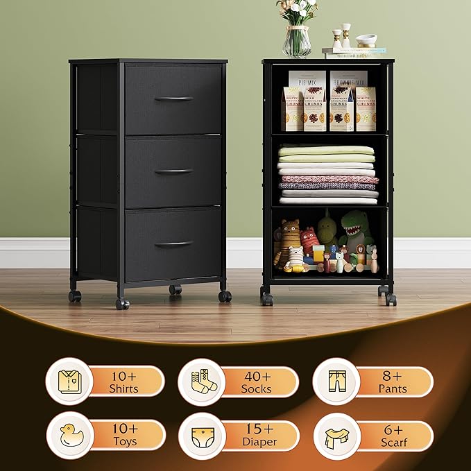WLIVE Dresser with 3 Drawers, Fabric Nightstand, Cabinet with Wheels, Organizer Storage Dresser for Bedroom, Office, Closets, Black Dresser with Sturdy Steel Frame, Easy Pull Handle
