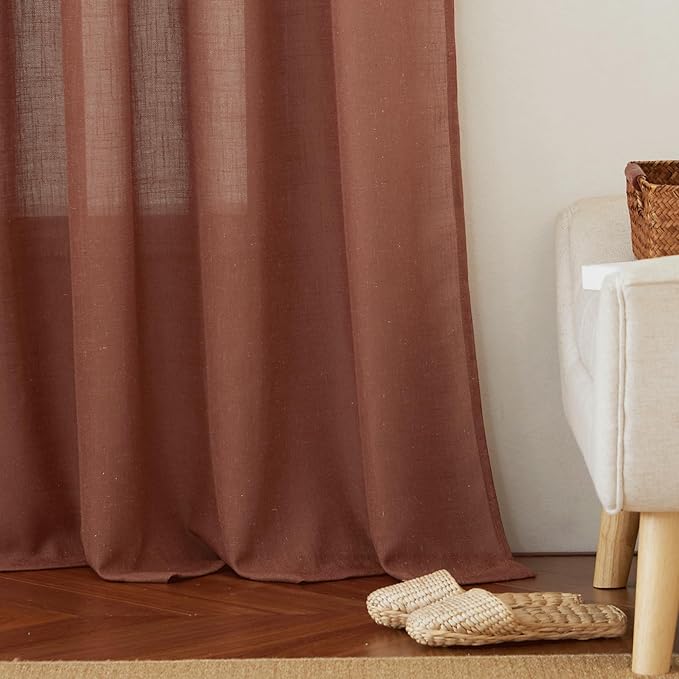 RYB HOME Terracotta Curtains Linen Blend Fall Drapes Semi Sheer Light Filtering Privacy Protected Window Curtains for Living Room, Bedroom, Home Office, Doorway, W 52 x L 84, 2 Panels Set