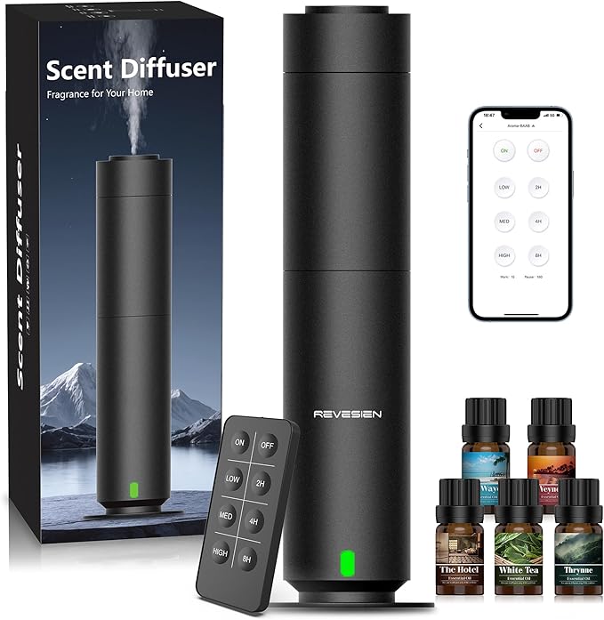 Waterless Scent Diffuser Kit, Includes 5 Premium Oils, 2000 Sq.Ft Coverage, Hotel Collection Scent Diffuser for Home, Studio, Essential Oil Diffuser Large Room, Remote & APP Control - Black