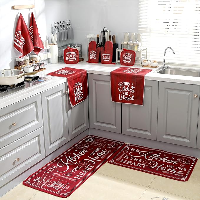 Fourluoo 10 Pcs Farmhouse Kitchen Decor and Accessories Set 4 Kitchen Towels 2 Pot Holders 2 Oven Mitts 2 Rugs for Cooking Baking Mom Housewarming Gifts(Red,Classic Style)