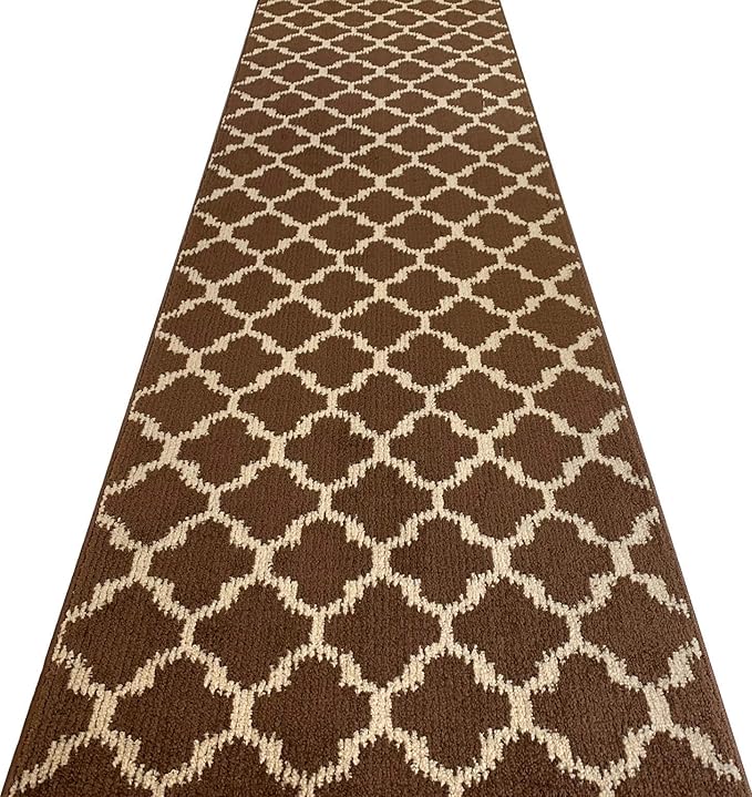 Custom Size Cut to Length Moroccan Trellis Design Runner Rug Mat For Wide Long Hallways with Non-Slip Rubber Backing, Better Traction for Pets, Prevent Slippage, Trellis Brown, 31 inch X 8 feet