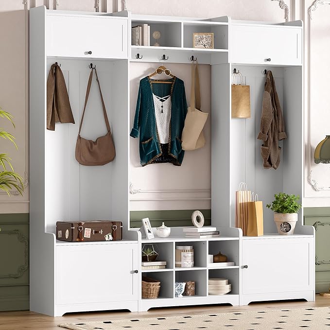 79.1''Wide Modern Hall Tree with Shoe Storage and 7 Coat Hooks, 4-in-1 Entryway Bench with 8 Cubbies and Adjustable Shelf for Hallway, Living Room (White/78)