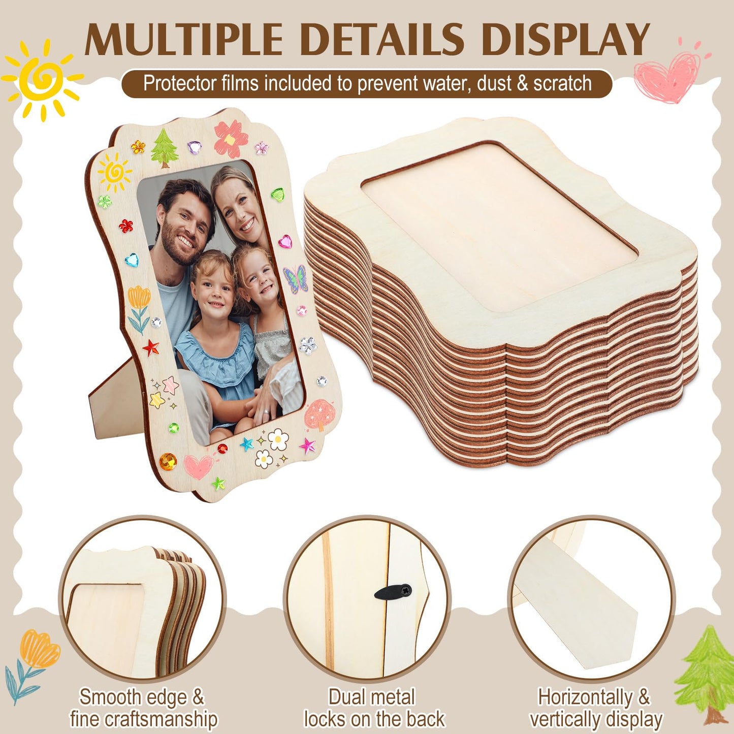Yalikop 12 Pack Wooden Picture Frames Painting Craft Kit with Stickers DIY Wood Craft Picture Frames Bulk for 4" x 6"" Photos Unfinished Standing Photo DIY Crafts for Birthday Mother's Day Gift"
