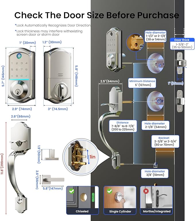 Veise VE017-H Fingerprint Smart Front Door Lock Set, App Control, 8-in-1 Keyless Entry Deadbolt with Zinc Alloy Handles, Emergency Power Port, Touchscreen Keypad, Auto Lock, Easy Install, Satin Nickel
