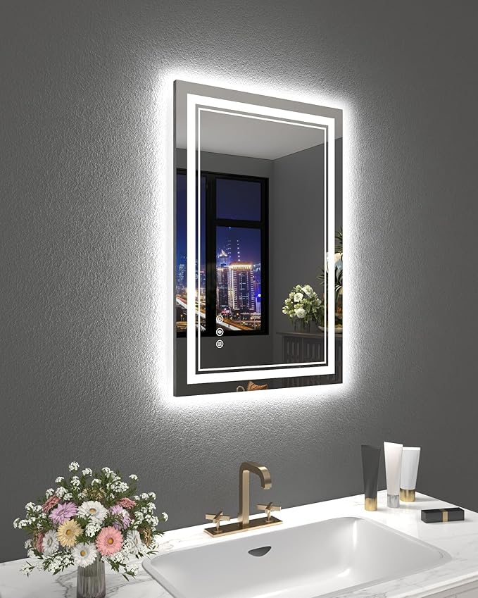24x36 Inch Bathroom Mirror with Lights, LED Vanity Mirror for Bathroom Wall Mounted with Threefold Brightness by 2 Front Lights & 1 Backlit, Anti-Fog, Stepless Adjusted, Unbreakable Tempered Glass