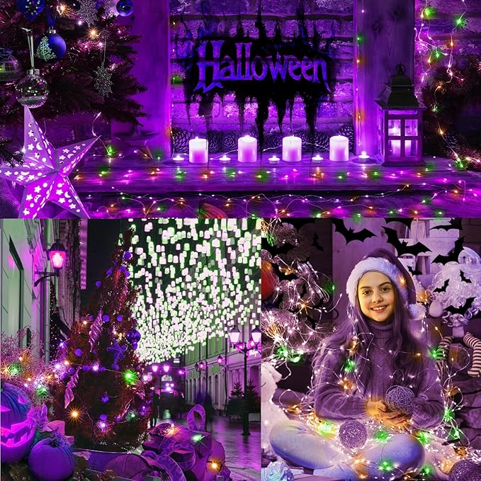 LAMPHOME 100 LED 33FT Halloween Fairy Lights Battery Operated with Remote, Mini Starry String Lights,Multi Functions & Timer, Twinkle Light for Home Bedroom DIY Centerpiece Decor,Orange Purple Green