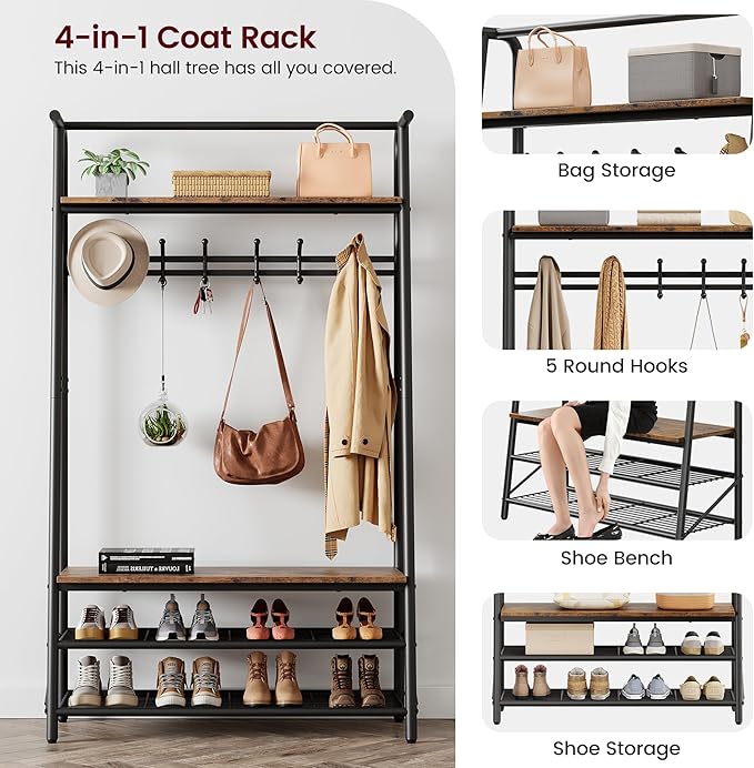 Coat Rack Hall Tree with Shoe Storage Bench, 4-in-1 Entryway Organizer, 6 Hooks & 3-Tier Shoe Rack, Freestanding Metal Frame for Hallway, Front Door