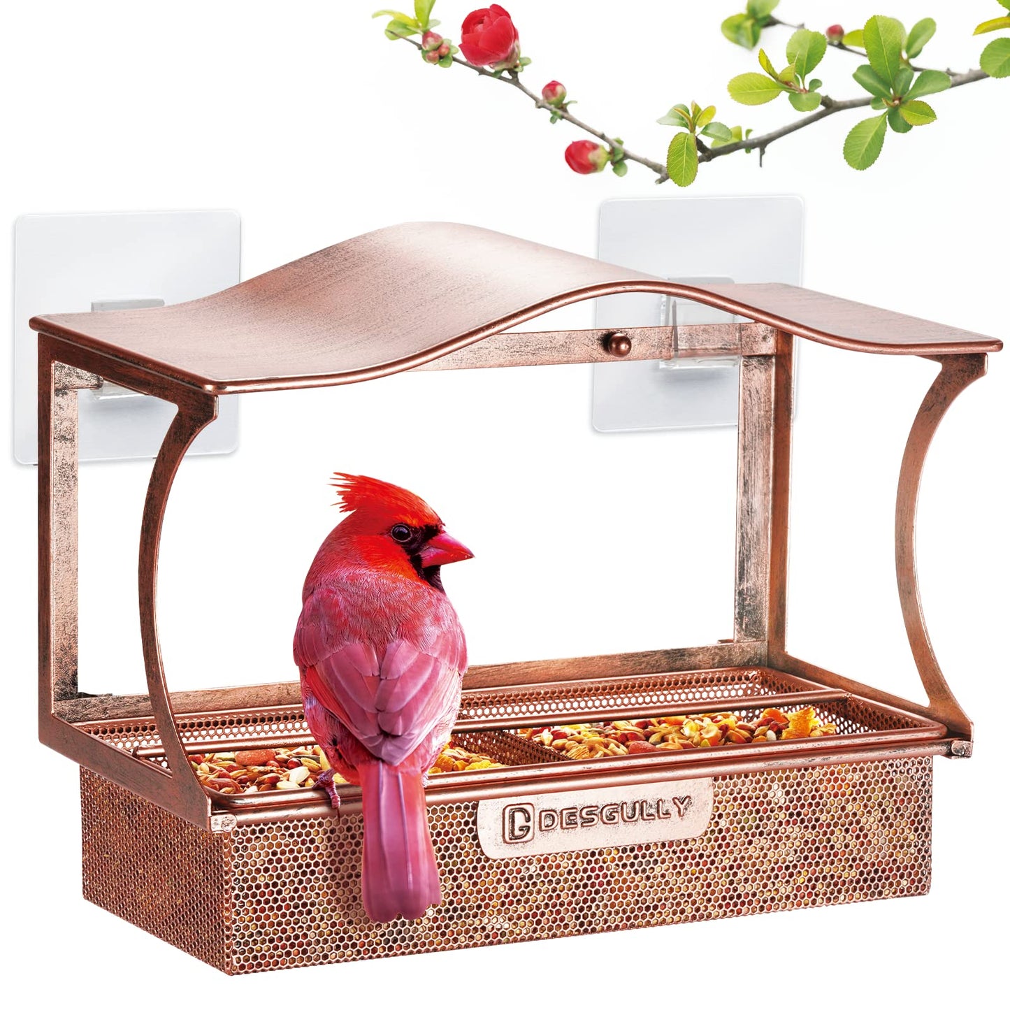 Window Bird Feeder, Metal - with Strong Suction Cups, Large Outdoor for Viewing Bird Watching Gift (Curved)