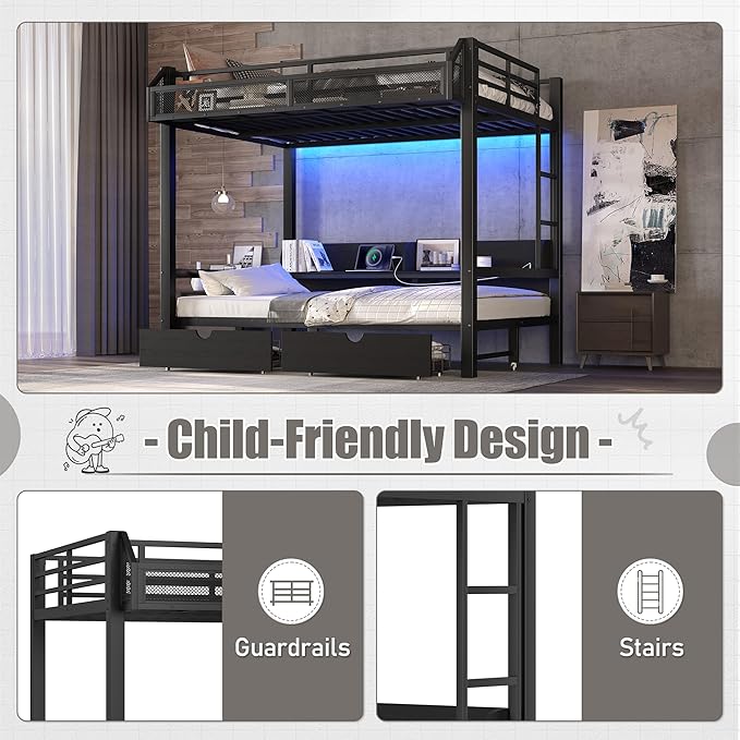 Bellemave Queen Over Queen Metal Bunk Bed with Storage Drawers and Shelves, Heavy Duty Bunk Beds with LED Lights and Charging Station for Kids,Adults,Convertible into a Sofa Bed,Black