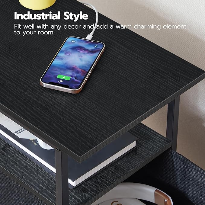 HOOBRO End Table with Charging Station, Narrow Side Table, Nightstand with 2 Non-Woven Drawers, Slim Sofa Side Table, for Small Spaces, Living Room, Bedroom, Black BB486UBZ01