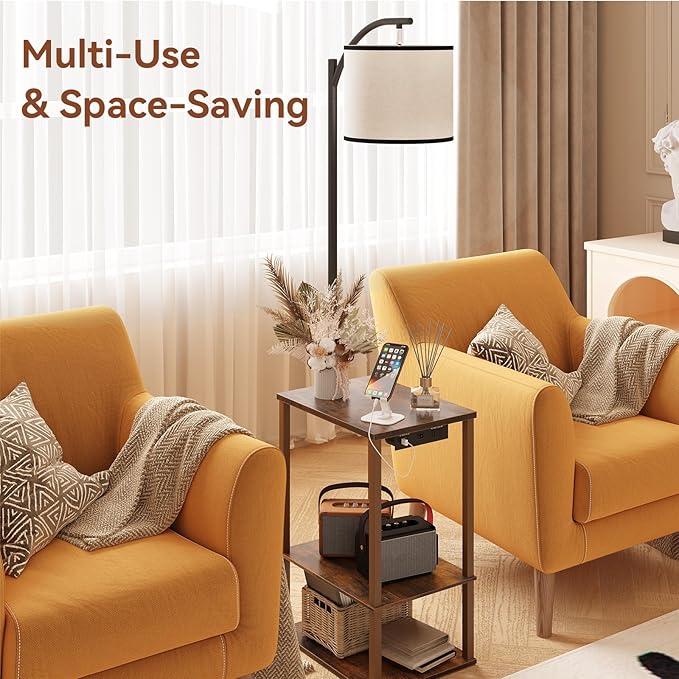 SUNMORY Floor Lamp with Table, End Table for Living Room with Lamp, Shelves Side Table with Charging Station(USB & AC Port), 3 Color Temperature LED Bulb, Modern Nightstand Lamp for Bedroom, Office