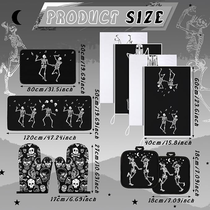 Fourluoo 10 Pcs Skeleton Kitchen Set Kitchen Towels and Rugs Oven Mitts and Pot Holders Gothic Decor and Accessories for Gift Cooking Baking Grilling