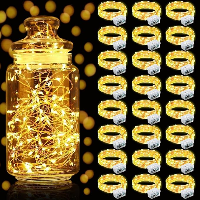 Aogist 24 Pack Fairy Lights 3 Modes 7ft 20 LED Waterproof,Battery Operated Silver Wire Firefly Starry Moon Mini String Lights for Mason Jars Christmas DIY Crafts Wedding Party Bedroom,Yellow