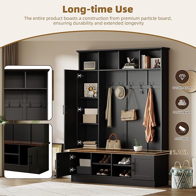 Versatile 3-in-1 Hall Tree with 6 Hooks, Farmhouse Walnut Storage Bench with Adjustable Shelves, 55" W Entryway Coat Rack with Multiple Storage Space for Mudroom, Living Room (Black-7)
