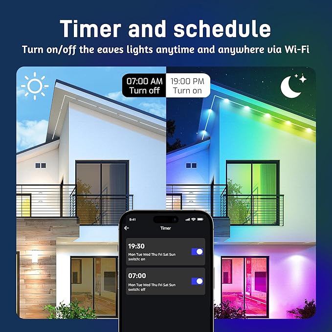 Permanent Outdoor Lights 100FT RGB+IC Smart String Lights for House, App & Remote Control, Waterproof IP67 LED Eaves Lights, Music Sync, 212 Scene Modes, Outdoor Christmas Patio Roof Decor