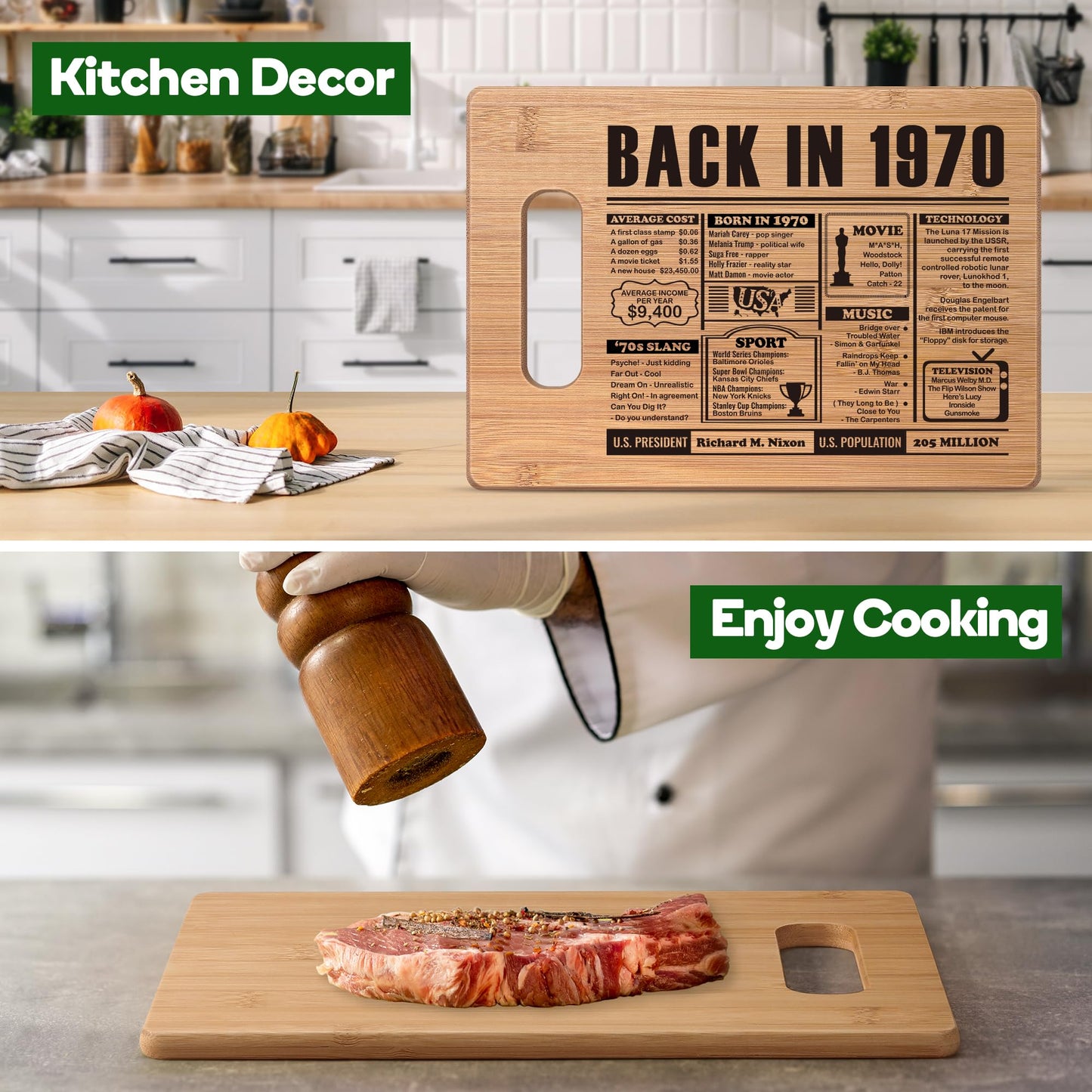 55th Birthday Gift for Women Men,55 Year Old Birthday Gifts for Her Him,55 Years Gifts for Mom Dad Grandparents Wedding Anniversary,Back in 1970 55s Birthday Decorations Engraved Bamboo Cutting Board