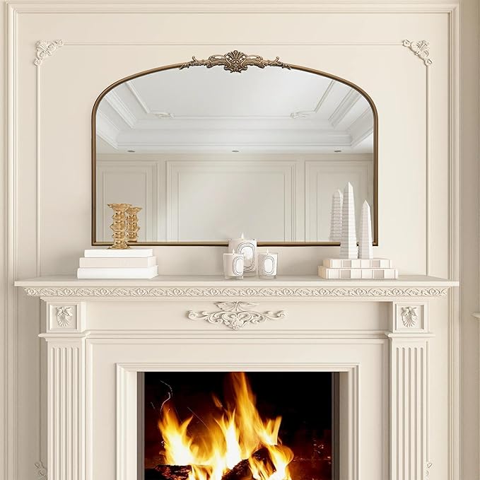 Besdomus Vintage Arched Gold Mirror: 48"x33" Oversize Gold Antique Wall Mounted Mirror - Baroque Traditional Ornate for Entryway/Fireplace/Bathroom/Hallway - Home Decor for Fashion-Conscious