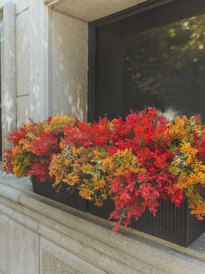 12Pcs Artificial Fall Flowers for Outdoor Decoration UV Resistant Fake Plastic Plants Faux Cedar Seaweed Eucalyptus for Autumn Full Indoor Garden Patio Fireplace Window Box Kitchen Home Decor