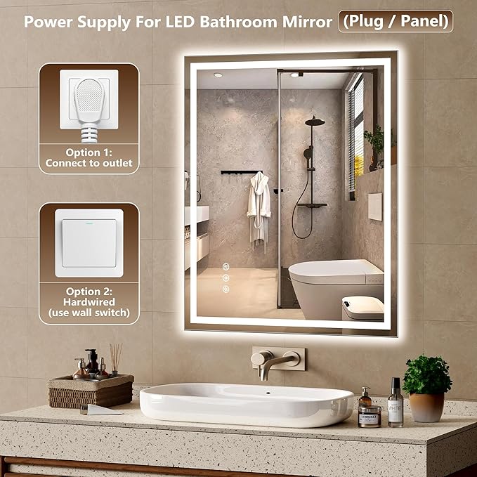 40x30 Inch LED Lighted Bathroom Mirror - Anti-Fog Vanity Mirror with Dimmable Front & Backlit, 3 Color Temp, Smart Memory - Shatterproof HD Glass, IP54 Waterproof Wall Mounted for Makeup Shaving