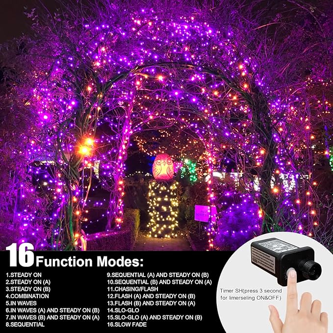 LAMPHOME 33ft Halloween Decorative Mini Lights, 100 LED Transparent Wire Fairy Starry String Lights Plug in, 16 Lighting Modes, for Halloween Decoration Outdoor Party Decoration (Orange and Purple)