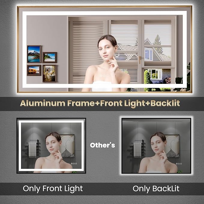 Amorho 44"X36" LED Bathroom Mirror, Golden Metal Framed Mirror with Front Light and Backlit, Stepless Dimmable, Anti-Fog, Shatter-Proof, Memory, 3 Colors