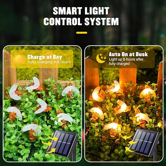 JMEXSUSS Solar Bee Lights Outdoor Waterproof, 30.6FT 50 LED Solar Fairy Lights, 8 Modes Twinkle Light for Outside Garden Patio Yard Decorations