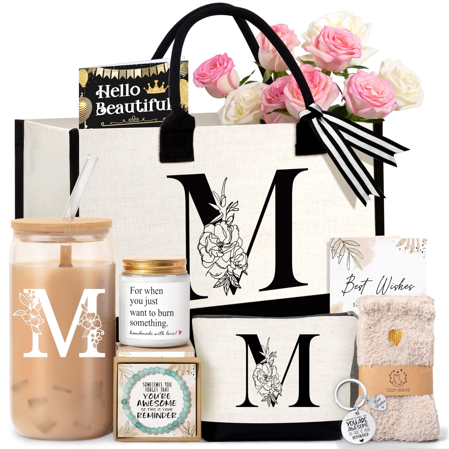 Lepiche Birthday Gifts for Women, Monogrammed Initial Gift for Teacher Wife Mom, Tote Bag,Glass Cup Gift Basket Personalized Christmas Mother's Teacher Appreciation Day,M