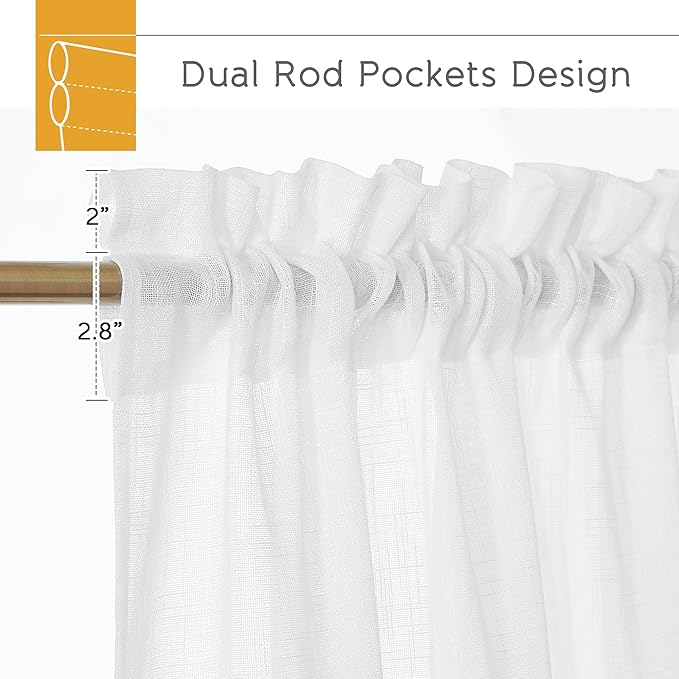 RYB HOME Sheer Linen Textured Curtains Semi Sheers Drapes Light Airy Breathable Fabric Window Decor for Patio Door Living Room Dining, White, 70 inch Width x 95 inch Length, 2 Panels