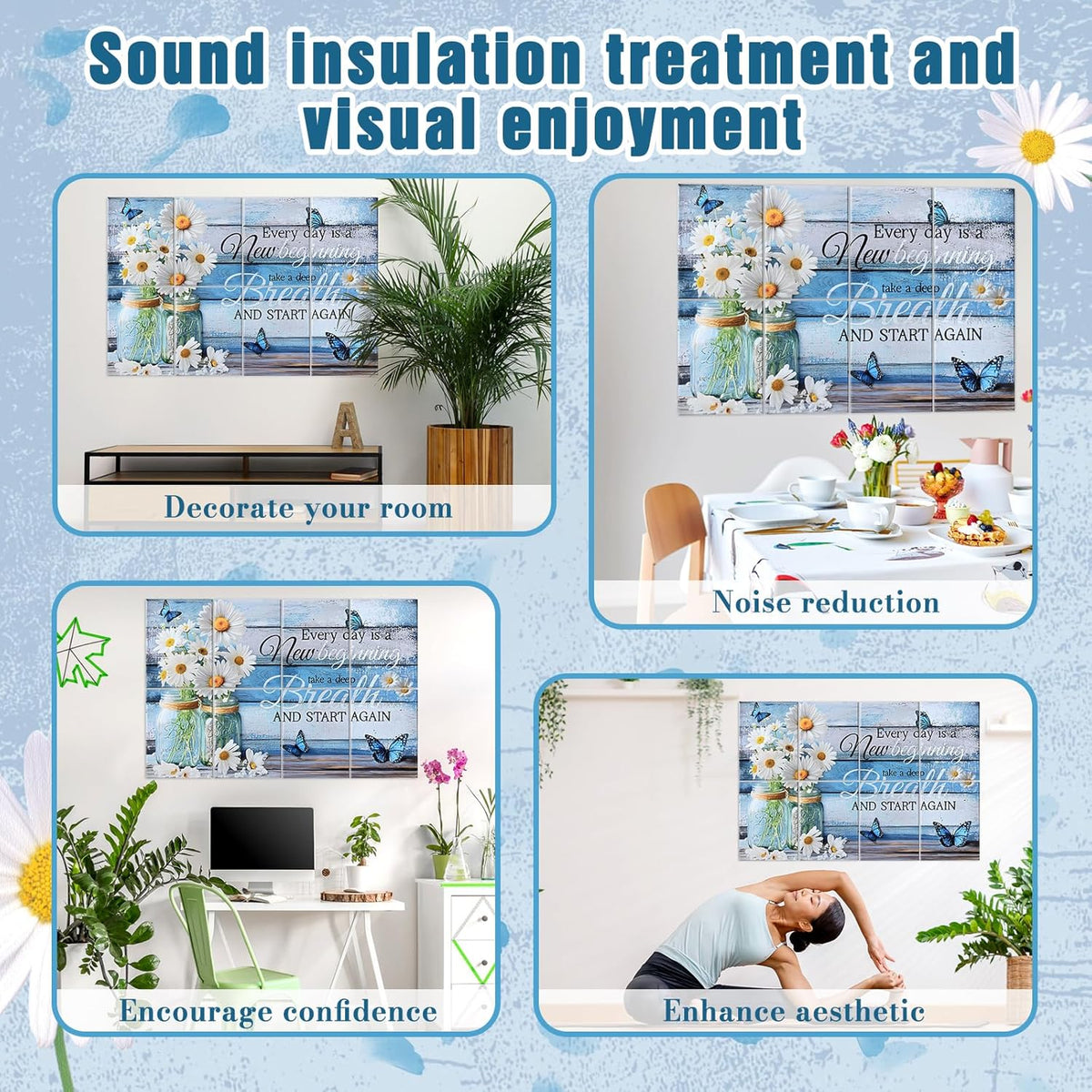 8 Pack Art Acoustic Panels, 48X32 Inches Soundproof Wall Panels Self Adhesive Decorative Sound Absorbing Padding, Noise Dampening Canceling Reducing Blocker for Room Office(Little Daisy)