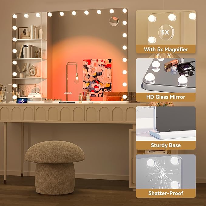 Hasipu LED Makeup Mirror with Bluetooth Speaker, 47" x 35" Makeup Mirror with Lights and Magnification, Hollywood Mirror with 3 Color Modes, LED Make up Mirror with USB & Type-C Charging