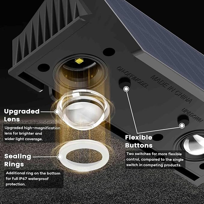 Fence Lights Solar Powered, 2-Pack Solar Fence Lights Up/Down Flexible Buttons, IP67 Waterproof for Outdoor, 100LM Bright, Auto Dusk to Dawn for Wall/Stairs/Yard/Railing/Deck/Pathway (White & RGB)