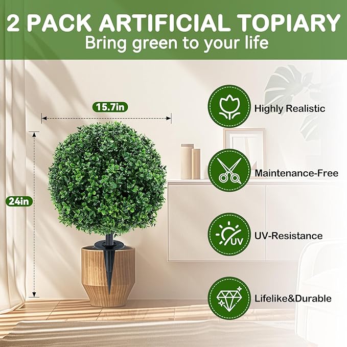 Artificial Boxwood Topiary Ball Trees with Ground Spikes UV Resistant Faux Greenery Shrubs Fake Shrubs for Outdoors, Realistic Faux Plants Bushes for Garden Porch Yard Patio Decor (Green Boxwood)