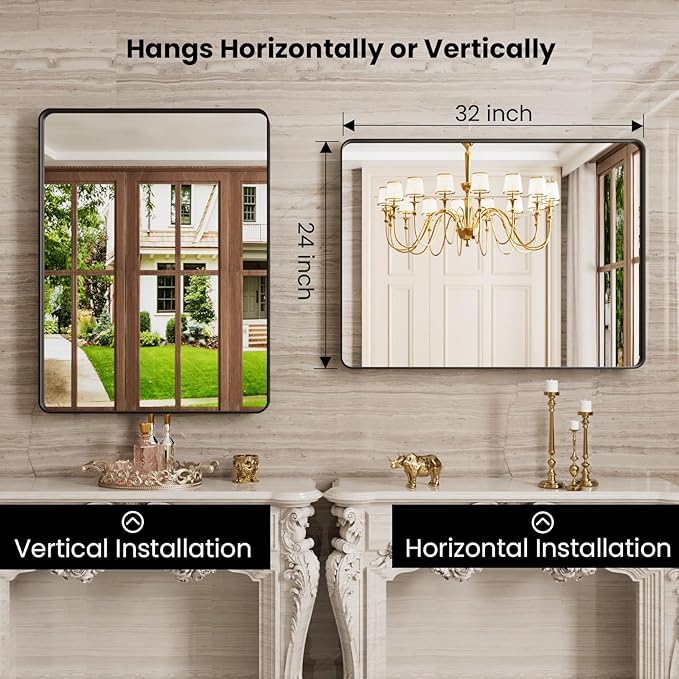 22x31 Inch Black Bathroom Mirror, Rounded Rectangle Matte Framed Wall Mounted Mirror, Bathroom Vanity Mirror, Tempered Glass, Anti-Rust, Horizontal/Vertical...