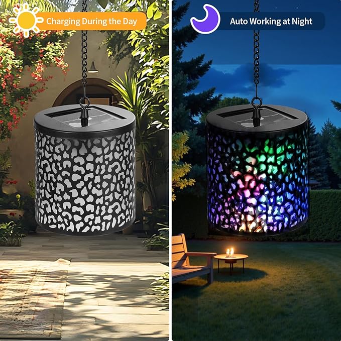 Hanging Solar Lights Outdoor Waterproof: RGB Hanging Lights with S Hooks Decor Iron Art Outdoor Solar Lantern in Garden, Pathway,Yard, Front Door and Landscape (2)