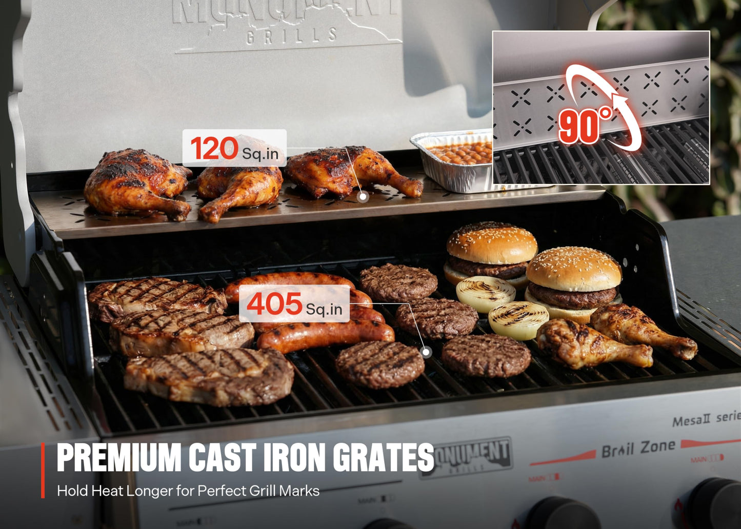 Monument Grills 4 Burner Propane Gas Grill with Advanced Broil Zone, Stainless Steel Outdoor Mesa 2 Barbecue Grill, Foldable Side Shelves, 500°F in 5 Mins, Assembles in 30 Minutes, Mesa II 410FBZ