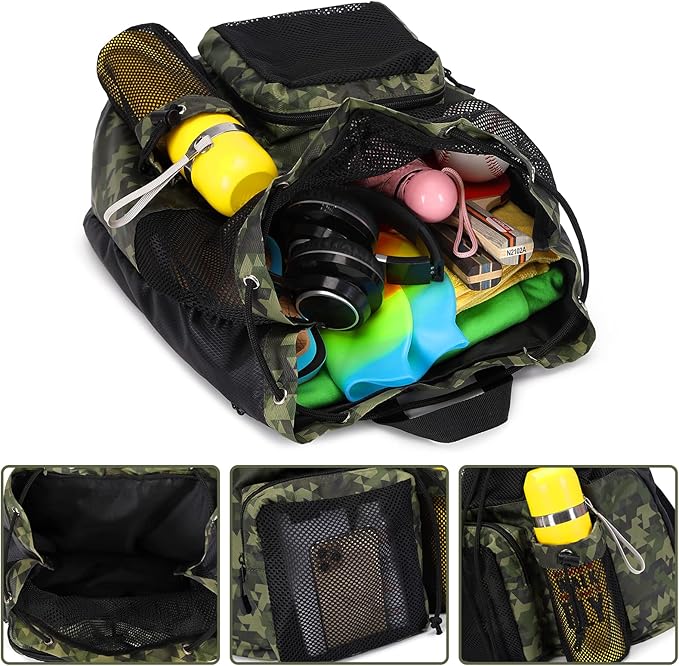 Lohol Large Mesh Drawstring Backpack with Shoe Bag, Durable Swimming String Sack with Handle for Sports Gym Yoga Beach Travel