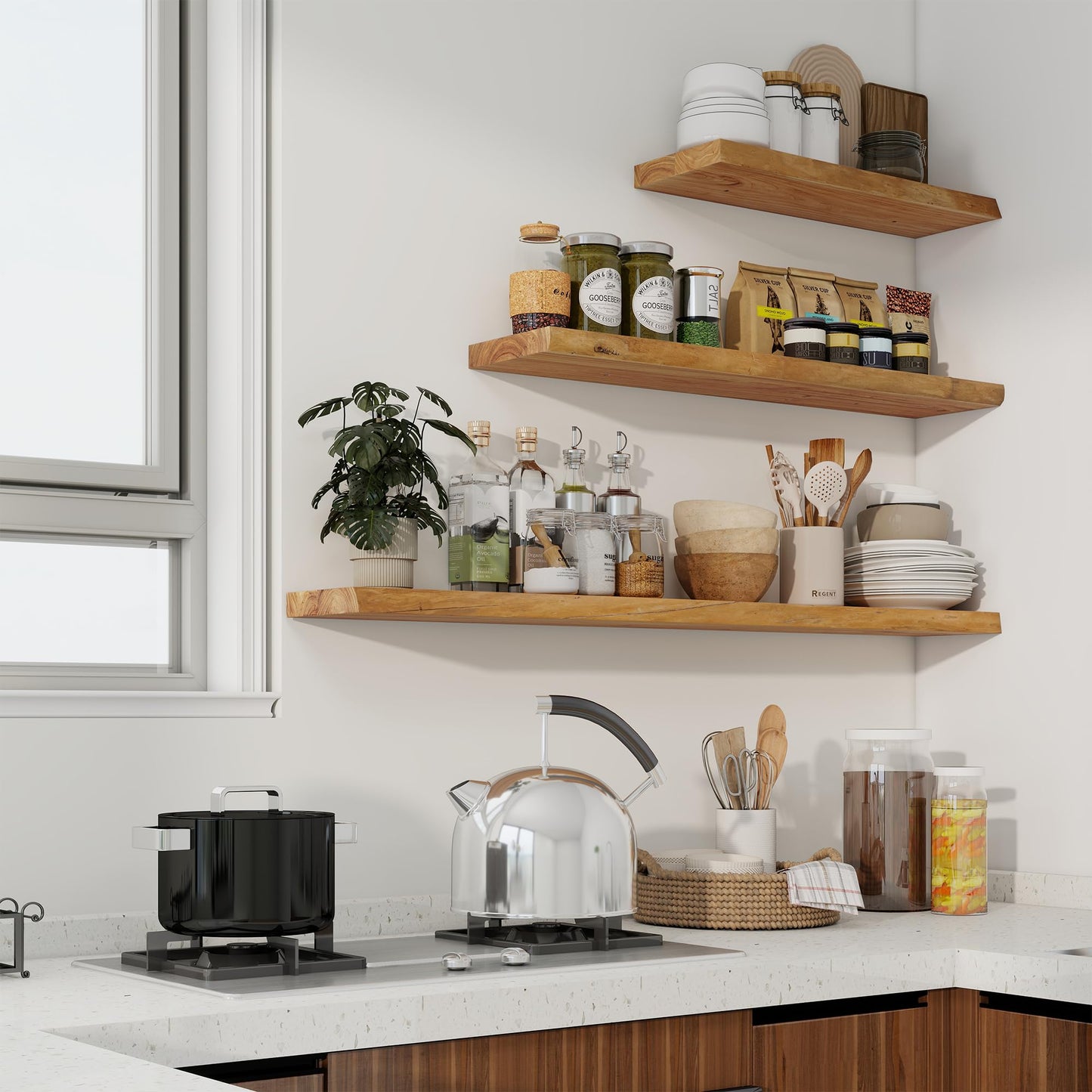 Axeman 36 inch Floating Shelves for Wall - 8'' D Live Edge Rustic Solid Elm Wood Floating Shelves Wall Mounted, Wall Shelves with Invisible Bracket for Living Room Bedroom Kitchen, Set of 2 Natural
