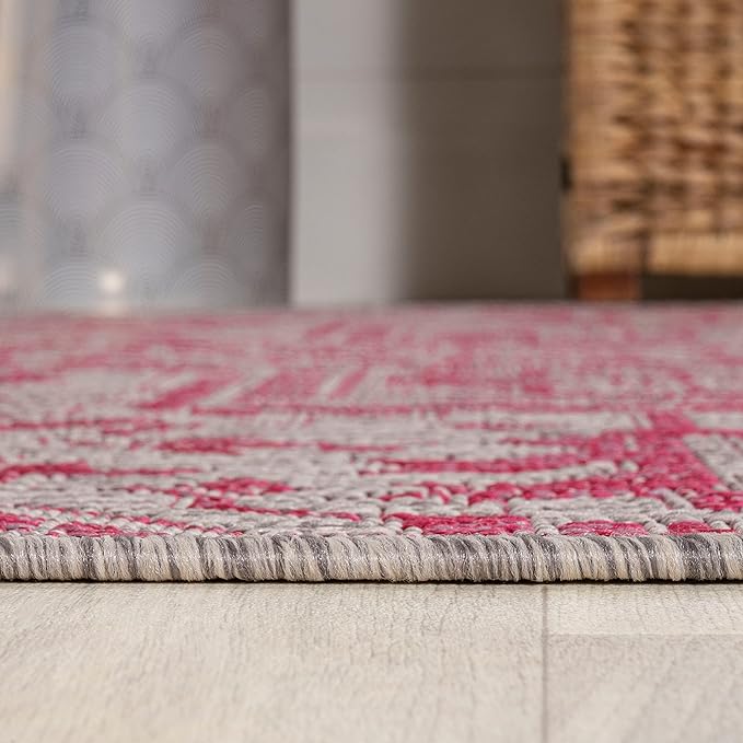 JONATHAN Y SMB105F-5R Estrella Bohemian Medallion Textured Weave Indoor Outdoor Area Rug, Coastal, Vintage, Rustic Easy Clean,Bedroom,Kitchen,Backyard,Patio, Non-Shed, Light Gray/Fuchsia, 5' Round