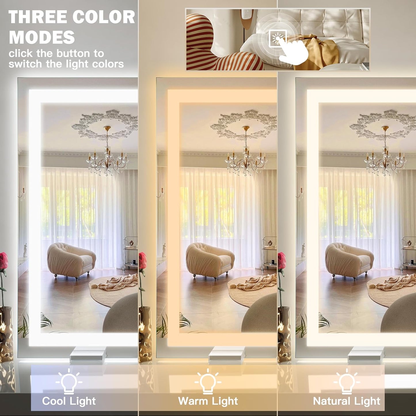 38"x28" Inch Large Lighted Vanity Mirror, 3-Color Lighting & Dimmable Modes, LED Makeup Mirror for Bathroom/Dressing Room (Wall/Tabletop Mount, White)