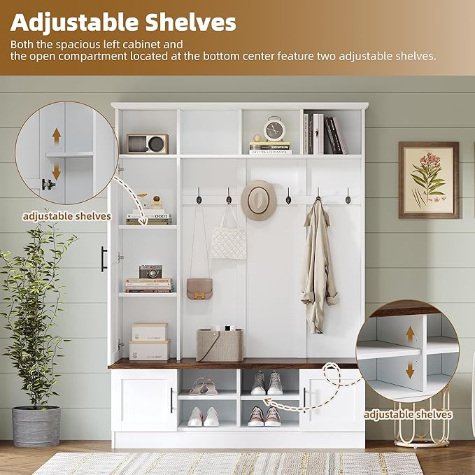 Modern 55‘’ Wide Hall Tree with 6 Hooks, Wood Brown Grain Minimalist Shoe Cabinet with Adjustable Shelves, Versatile Entryway Coat Rack for Living Room Hallway (White-11A)