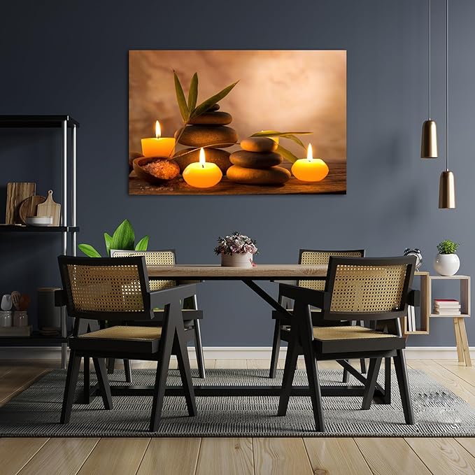 Zen Wall Art Decor, Modern Bathroom Zen Decor Wall Art, Large Zen Relaxing Canvas Wall Art for Spa Room Decor, Black Pebble and Lighted Candles Zen Art Prints for Office & Spa Wall Decor 28x40 Inches